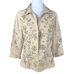 Silk Land Women’s XL 100% Silk Jacket Beige Floral Embroidered Button Front